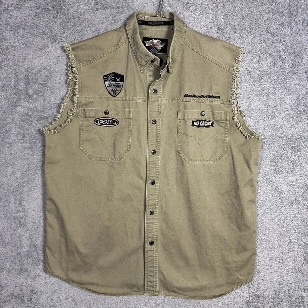 Harley Davidson Vest Men XL Green No Cages Patches Embroidered Cut Off Riding